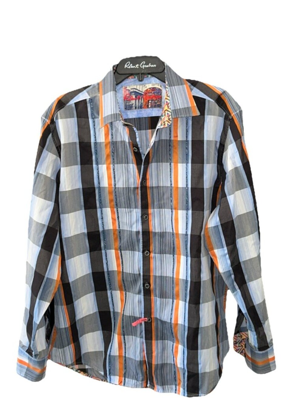 Robert Graham Men’s XL Blue, Orange & Black Striped Button-Down Shirt
